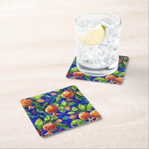 Granaatappel Patroon Donkerblauw en rood Fruit Moz Kartonnen Onderzetters