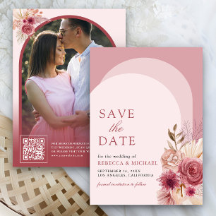 Granaatappel Roze Bloemen Pampas Boog Foto QR Code Save The Date