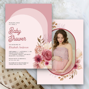 Granaatappel Roze Bloemen Pampas Foto Baby shower Kaart