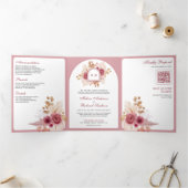 Granaatappel Roze Bloemen Pampas QR Code Bruiloft Drieluik Uitnodiging (Binnen)
