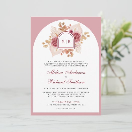 Granaatappel Roze Bloemen Pampas QR Code Bruiloft Kaart (Staand voorkant)