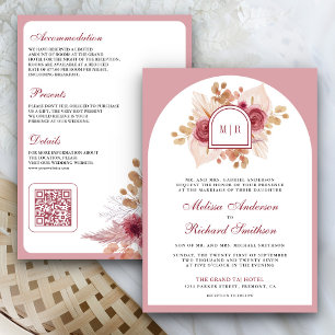 Granaatappel Roze Bloemen Pampas QR Code Bruiloft Kaart