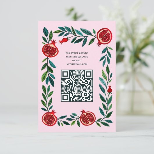 Granaatappels Aangepaste QR Bat Bar Mitswa Waterve Informatiekaartje (Staand voorkant)