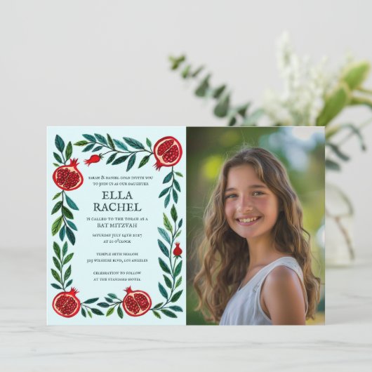 Granaatappels Custom PHOTO B'nai Bat Bar Mitswa Kaart (Staand voorkant)
