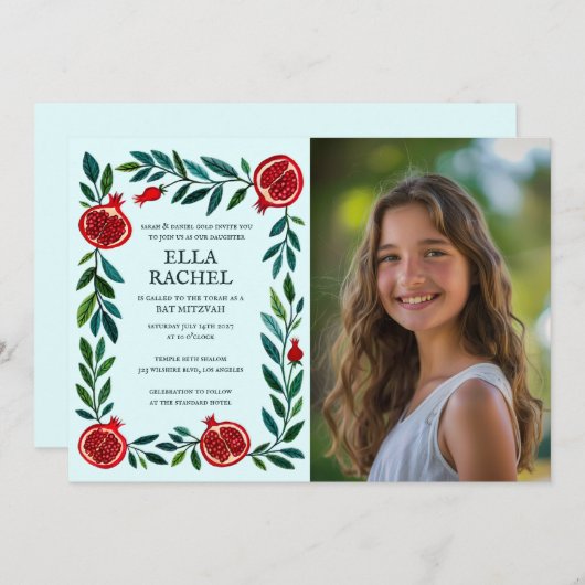 Granaatappels Custom PHOTO B'nai Bat Bar Mitswa Kaart (Voorkant / Achterkant)