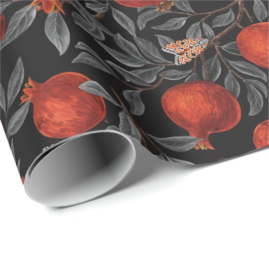 Granaatappels en Bella Moths in rood en grijs Cadeaupapier (Rol Hoek)