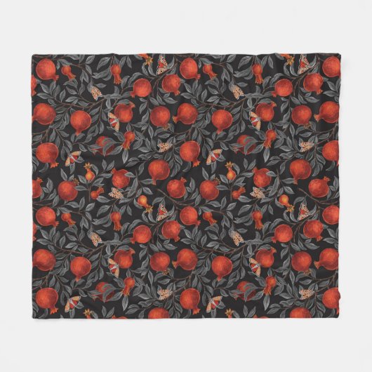 Granaatappels en Bella Moths in rood en grijs Fleece Deken (Voorkant (Horizontaal))