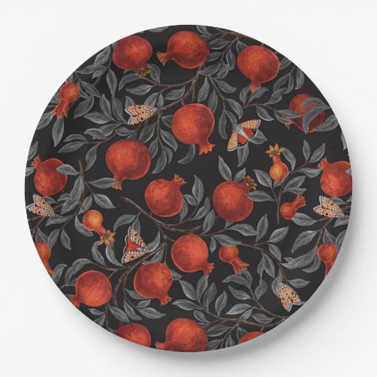 Granaatappels en Bella Moths in rood en grijs Papieren Bordje (Voorkant)