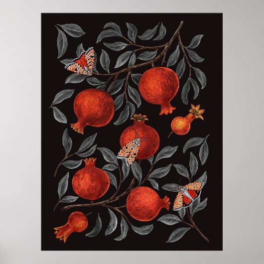Granaatappels en Bella Moths in rood en grijs Poster (Voorkant)