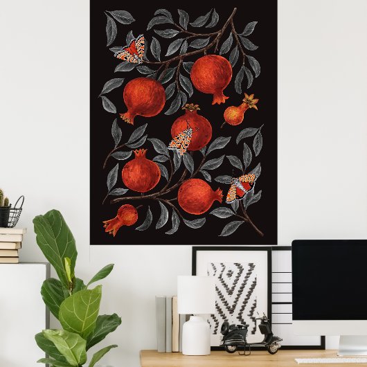 Granaatappels en Bella Moths in rood en grijs Poster (Thuiskantoor)