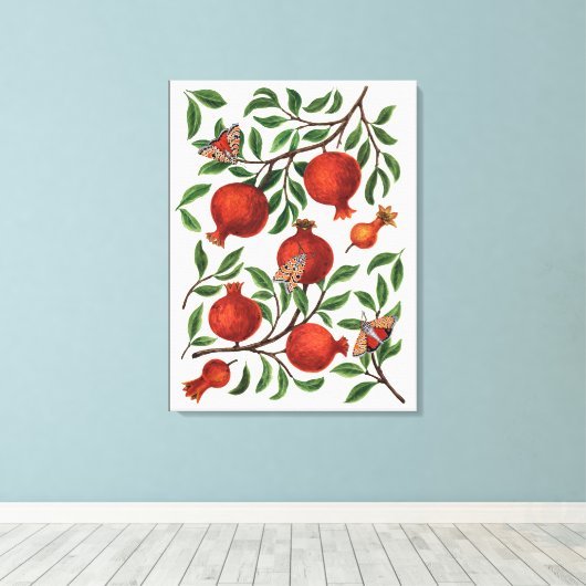 Granaatappels en Bella Moths op gebroken wit Canvas Afdruk (Insitu (Houten vloer))