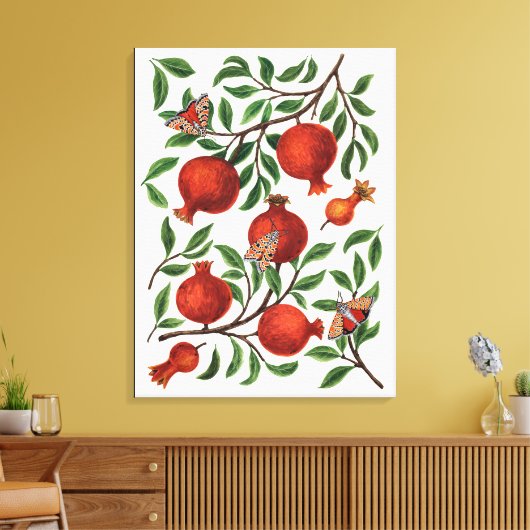Granaatappels en Bella Moths op gebroken wit Canvas Afdruk (Insitu (Woonkamer))