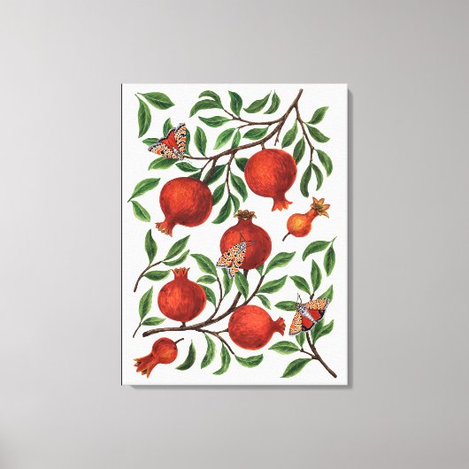 Granaatappels en Bella Moths op gebroken wit Canvas Afdruk (Voorkant)