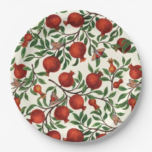 Granaatappels en Bella Moths op gebroken wit Papieren Bordje (Voorkant)