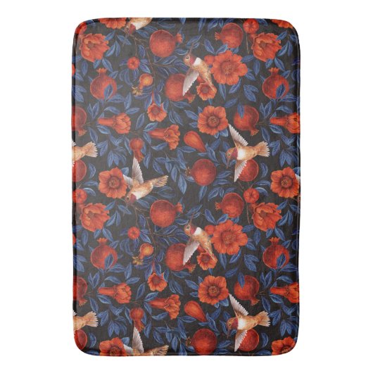 Granaatappels en kolibries / blauwe bladeren op zw badmat (Voorkant Verticaal)