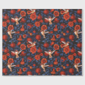 Granaatappels en kolibries / blauwe bladeren op zw cadeaupapier (Vlak)