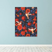 Granaatappels en kolibries / blauwe bladeren op zw canvas afdruk (Insitu (Houten vloer))
