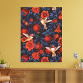 Granaatappels en kolibries / blauwe bladeren op zw canvas afdruk (Insitu (Woonkamer))