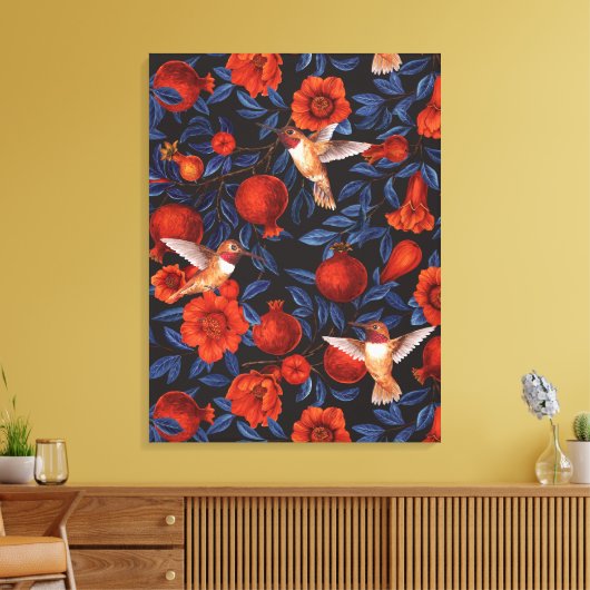 Granaatappels en kolibries / blauwe bladeren op zw canvas afdruk (Insitu (Woonkamer))