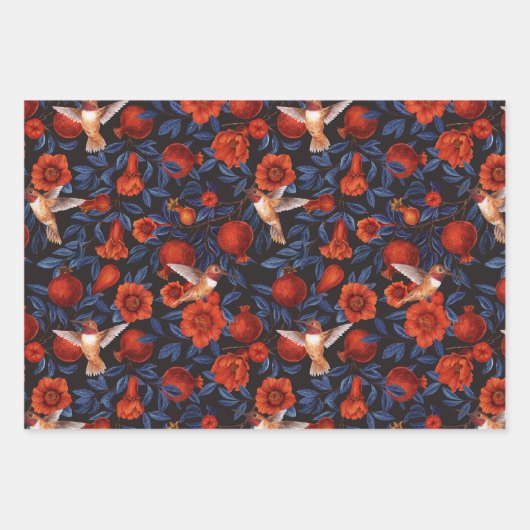 Granaatappels en kolibries / blauwe bladeren op zw inpakpapier vel (Voorkant 3)