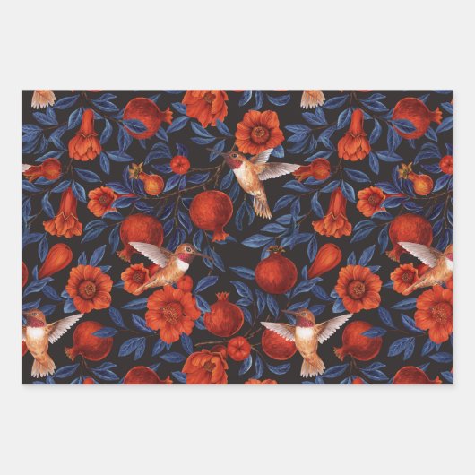 Granaatappels en kolibries / blauwe bladeren op zw inpakpapier vel (Voorkant)