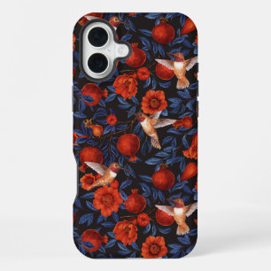 Granaatappels en kolibries / blauwe bladeren op zw iPhone 16 plus hoesje