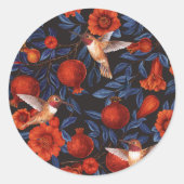 Granaatappels en kolibries / blauwe bladeren op zw ronde sticker (Voorkant)