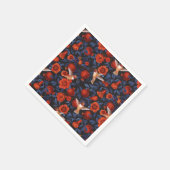 Granaatappels en kolibries / blauwe bladeren op zw servet (Hoek)