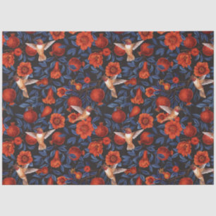 Granaatappels en kolibries / blauwe bladeren op zw tissuepapier