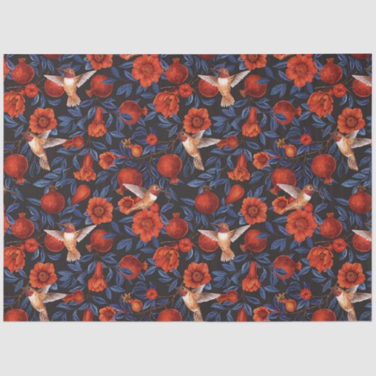 Granaatappels en kolibries / blauwe bladeren op zw tissuepapier (Voorkant)