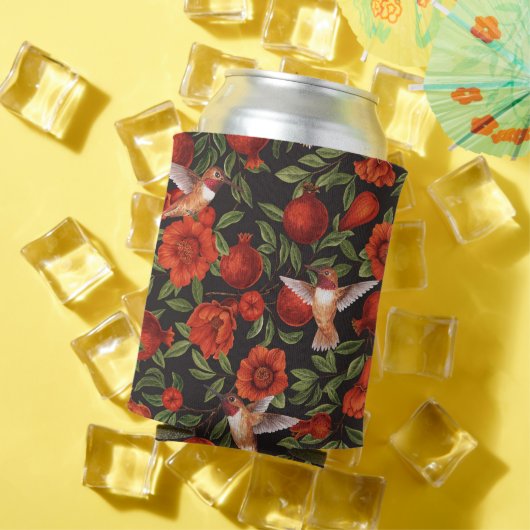 Granaatappels en kolibries / groene bladeren op zw blikjeskoeler (Insitu Zomer)