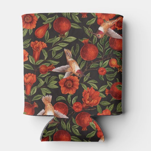 Granaatappels en kolibries / groene bladeren op zw blikjeskoeler (Achterkant)