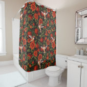 Granaatappels en kolibries / groene bladeren op zw douchegordijn (In situ)