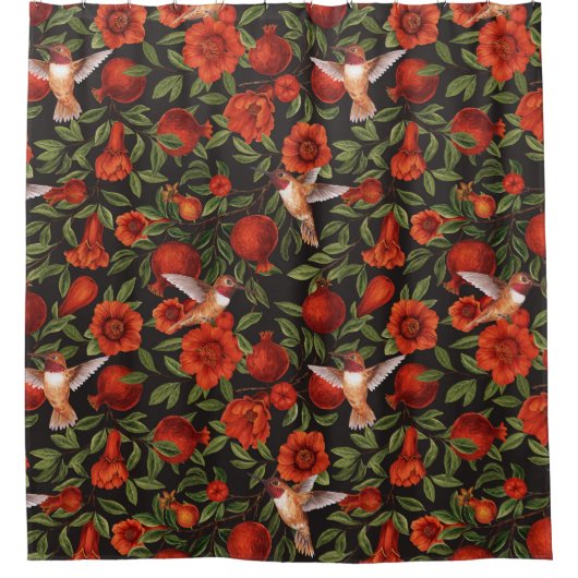 Granaatappels en kolibries / groene bladeren op zw douchegordijn (Voorkant)