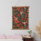 Granaatappels en kolibries / groene bladeren op zw hangend wandkleed (Slaapkamer)