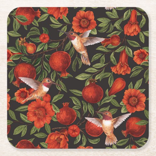 Granaatappels en kolibries / groene bladeren op zw kartonnen onderzetters (Voorkant)