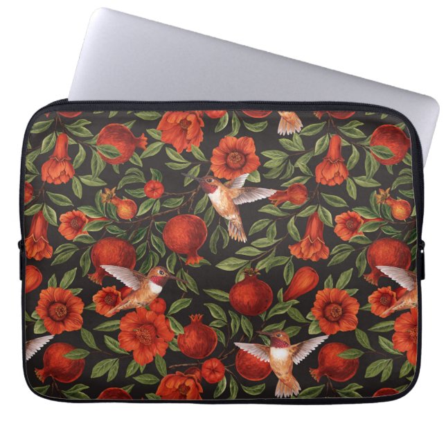 Granaatappels en kolibries / groene bladeren op zw laptop sleeve (Voorkant)