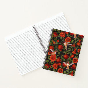 Granaatappels en kolibries / groene bladeren op zw notitieboek