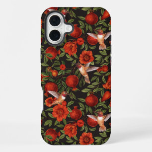Granaatappels en kolibries/groene bladeren op zwar iPhone 16 plus hoesje