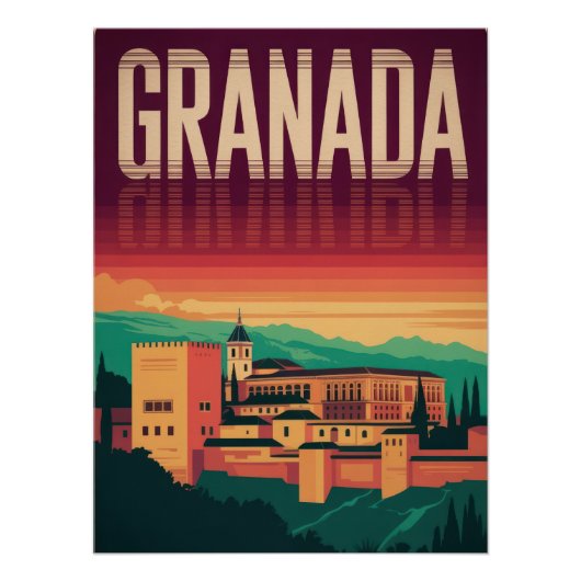 Granada, Alhambra, Spain, Vintage Poster, Sunset Perfect Poster (Voorkant)
