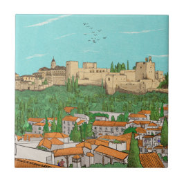 Granada Cityview Spanje Landscape Illustration Tegeltje