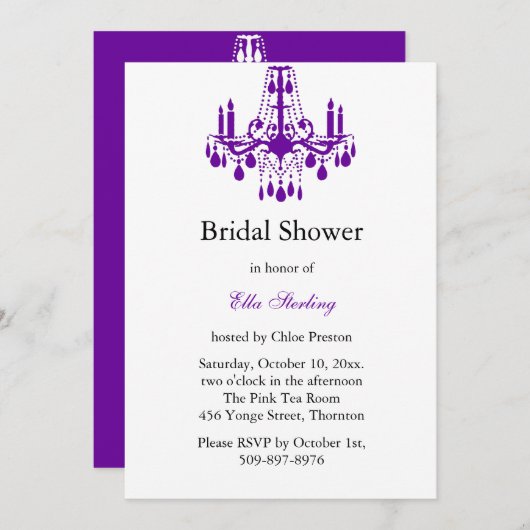 Grand Ballroom Bridal Shower Invitation (paars) Kaart (Voorkant / Achterkant)