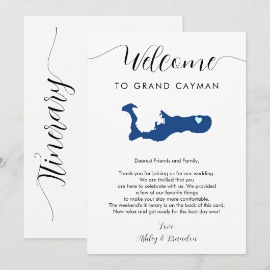 Grand Cayman Kaart Bruiloft Welkomstbrief Route (Voorkant / Achterkant)