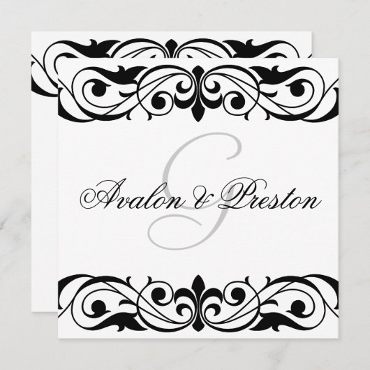 Grand Duchess Black en White Scroll Invitation Kaart (Voorkant / Achterkant)