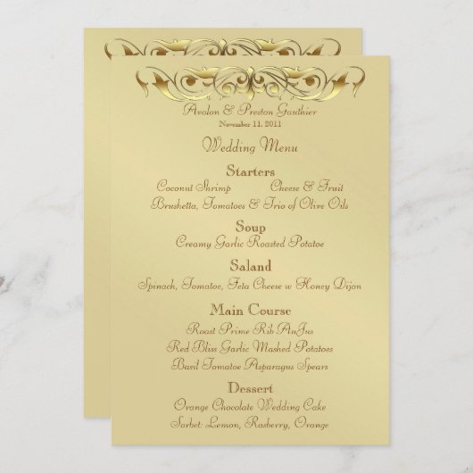 Grand Duchess Gold Metal Scroll Wedding Menu (Voorkant / Achterkant)