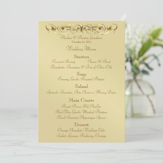 Grand Duchess Gold Metal Scroll Wedding Menu (Staand voorkant)