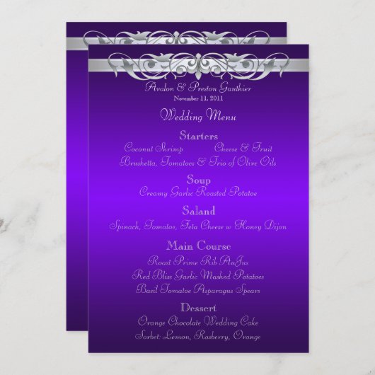 Grand Duchess Paars Scroll Wedding Menu (Voorkant / Achterkant)