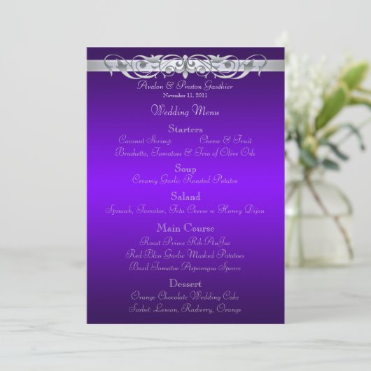 Grand Duchess Paars Scroll Wedding Menu (Staand voorkant)