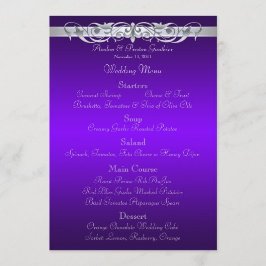 Grand Duchess Paars Scroll Wedding Menu (Voorkant)
