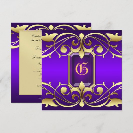 Grand Duchess Paarse Jewel Gold Scroll Uitnodiging (Voorkant / Achterkant)